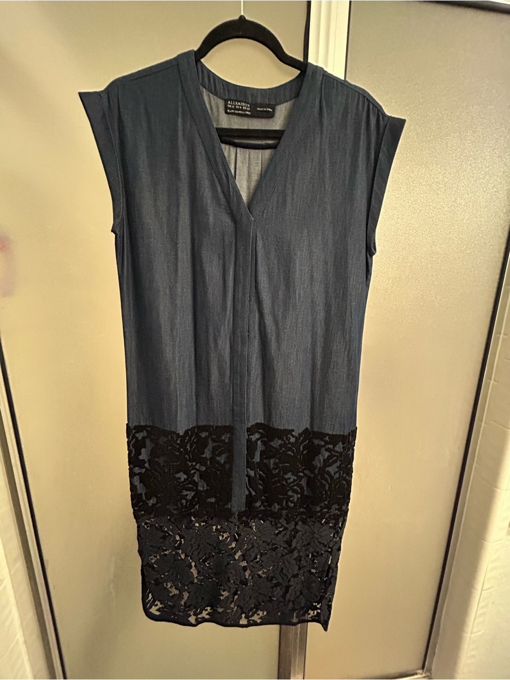 All Saints Navy V-Neck Midi Dress with Black Lace Hem